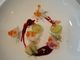 Black bass crudo with steelhead roe and beet emulsion